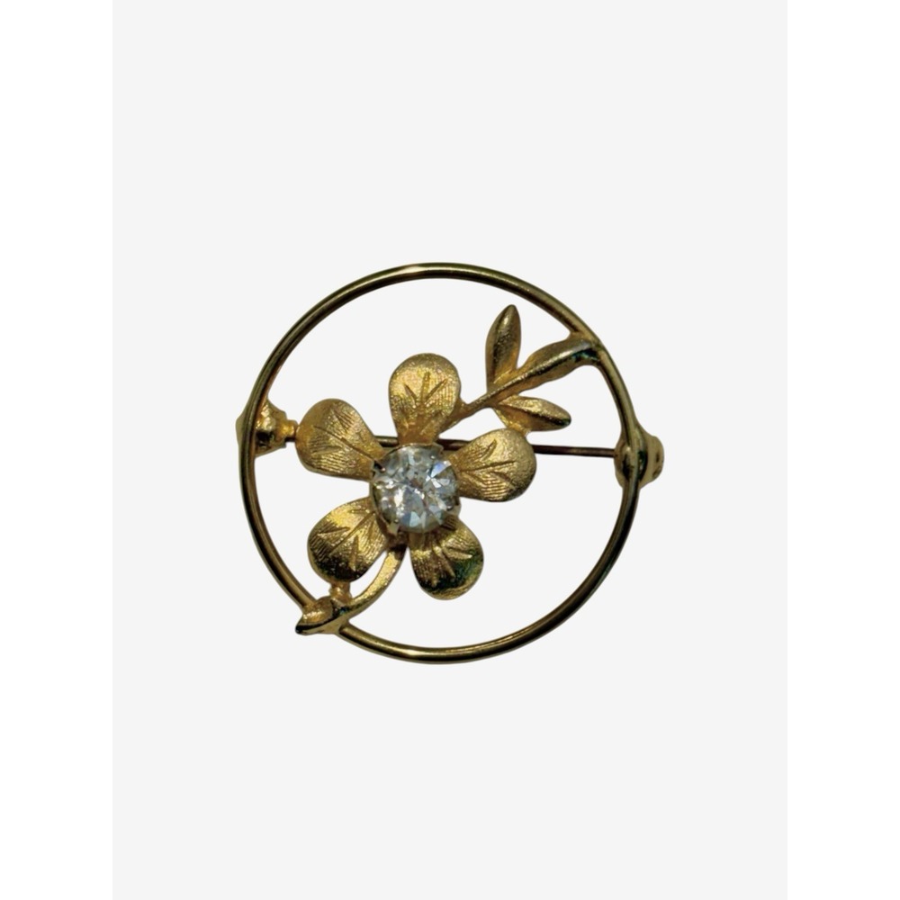 Vintage Gold Tone Light Blue Rhinestone Center Flower Circle Brooch Pin